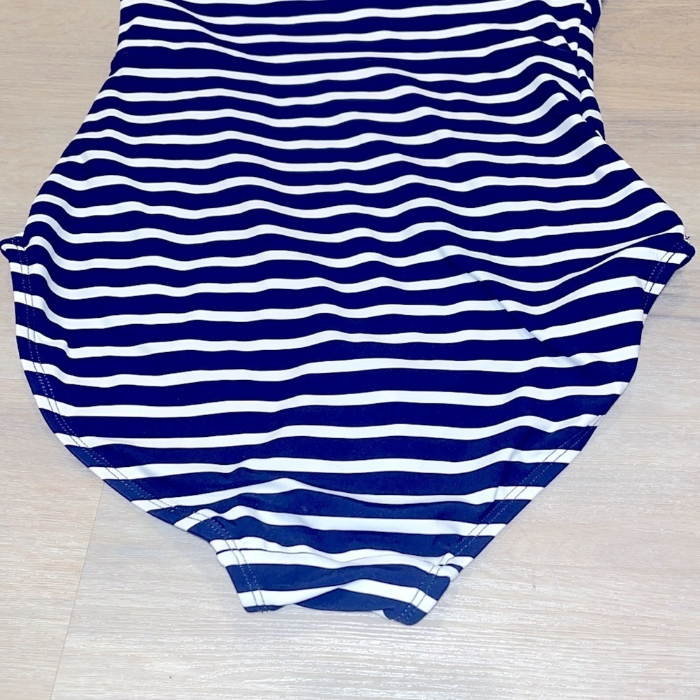 Lands' End Women's High Neck one piece Swimsuit Navy stripe built in cups - Picture 9 of 12
